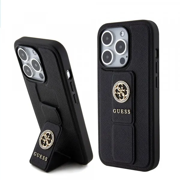 Guess Husa pentru Apple iPhone 15 Pro Max, Guess, Grip Stand 4G Saffiano Strass, Neagra