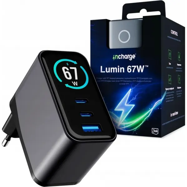 3MK Incarcator Retea 3MK InCharge Lumin Display, 67W, 5A, 1 x USB-A - 2 x USB-C, Negru