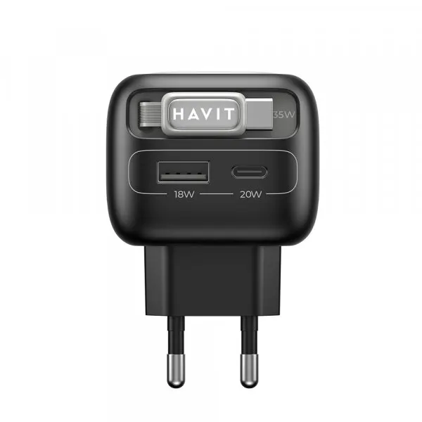 HAVIT Incarcator Retea Cu Cablu USB-C HAVIT UC251, 35W, 3A, 1 x USB-A - 1 x USB-C, Negru Gri