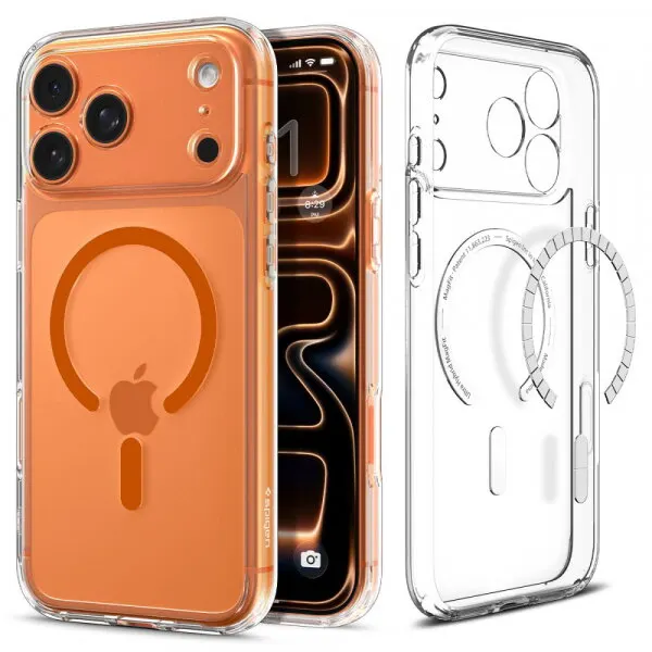 Spigen Husa MagSafe pentru Apple iPhone 17 Pro Max, Spigen, Ultra Hybrid, Transparenta Portocalie ACS11109