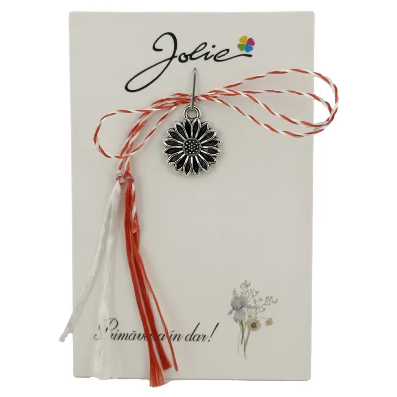 Martisor Traditional, Jolie, Model FLOARE, cu Snur Impletit Alb/Rosu, 8.5 x 5.5 cm, Argintiu