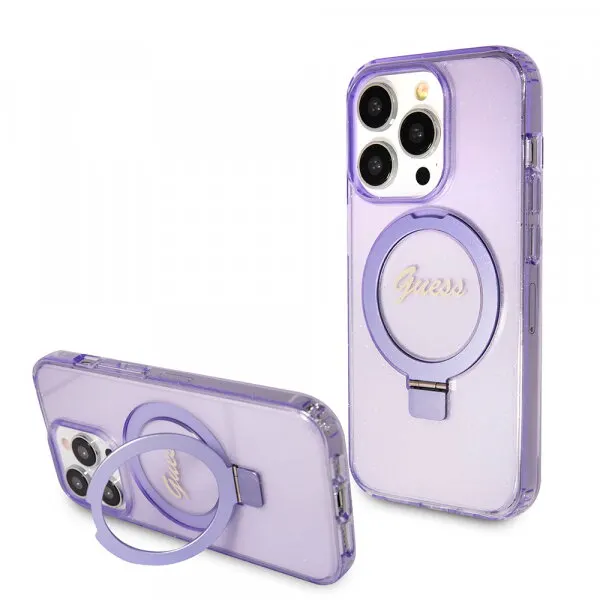 Guess Husa MagSafe pentru Apple iPhone 15 Pro, Guess, IML Ring Stand Glitter, Mov