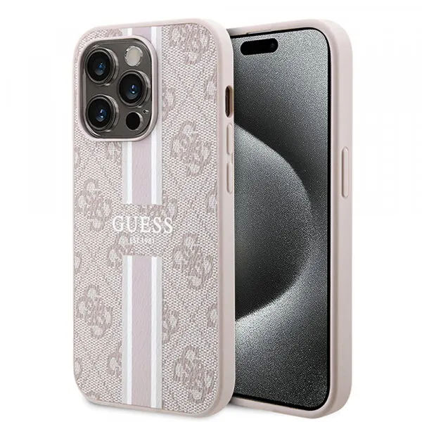 Guess Husa MagSafe pentru Apple iPhone 15 Pro, Guess, 4G Printed Stripes, Roz