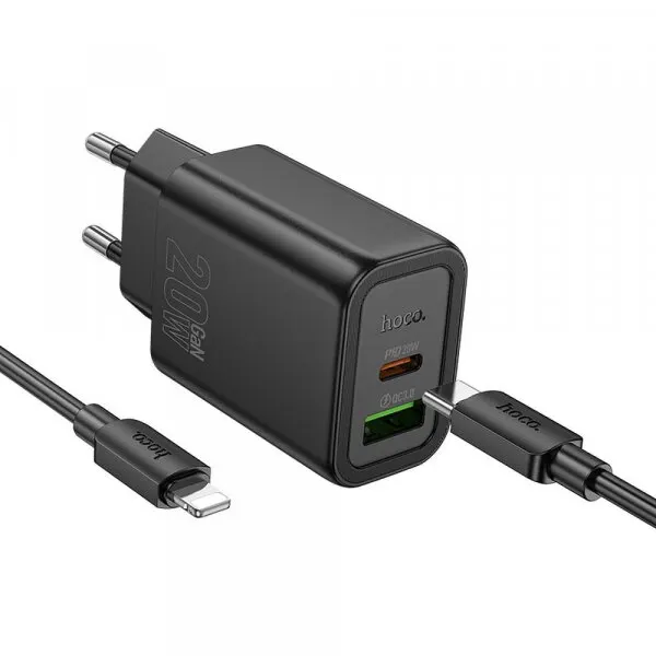 HOCO Incarcator Retea Cu Cablu USB-C HOCO N61, 20W, 3A, 1 x USB-A - 1 x USB-C, Negru