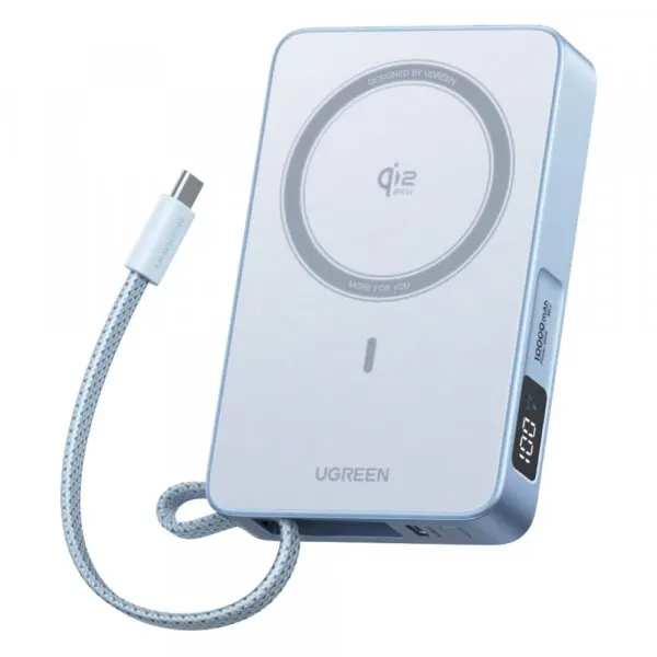 Ugreen Baterie Externa Wireless Ugreen MagFlow PB773 (65958B), 10000mAh, 25W, PD + FQI, 1 x QI - 2 x USB-C, Albastra
