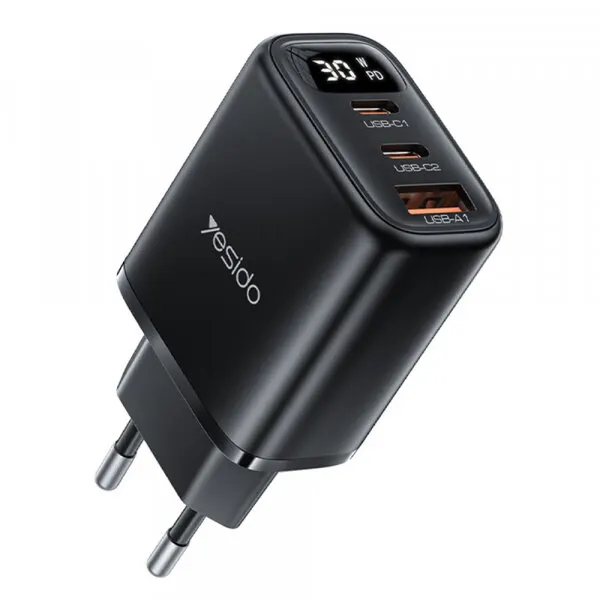 Yesido Incarcator Retea Yesido YC69 Display, 30W, 3A, 1 x USB-A - 2 x USB-C, Negru