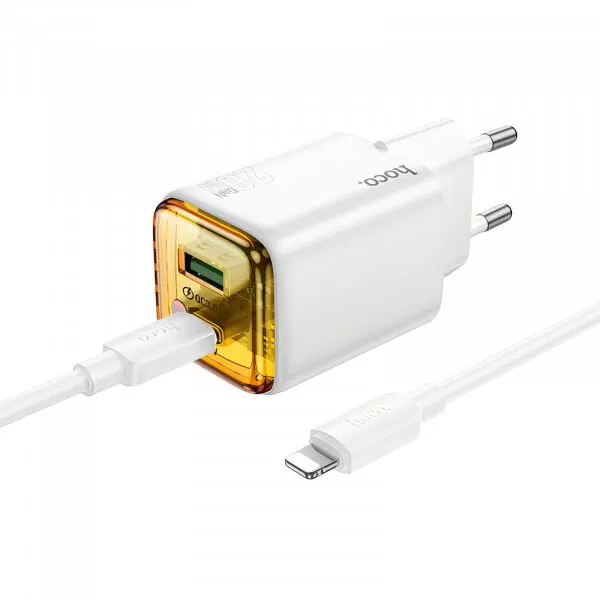 HOCO Incarcator Retea Cu Cablu Lightning HOCO N52, 20W, 3A, 1 x USB-A - 1 x USB-C, Alb