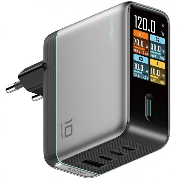 Cuktech Incarcator Retea Cu Cablu USB-C Cuktech AD1204U Display, 120W, 6A, 1 x USB-A - 2 x USB-C, Argintiu