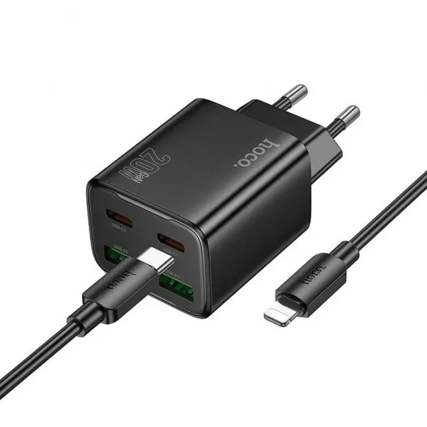 HOCO Incarcator Retea Cu Cablu Lightning HOCO N55, 20W, 3A, 2 x USB-A - 2 x USB-C, Negru