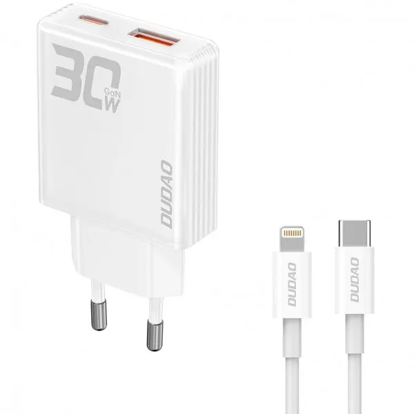 Dudao Incarcator Retea Cu Cablu Lightning Dudao A30EUL, 30W, 3A, 1 x USB-A - 1 x USB-C, Alb