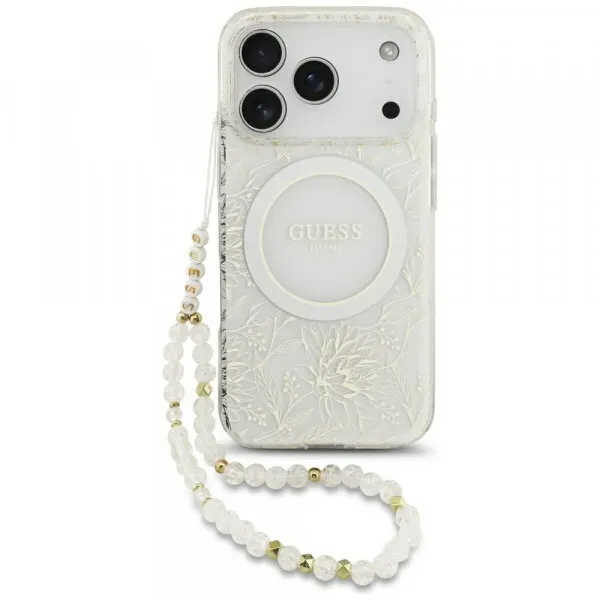 Guess Husa MagSafe pentru Apple iPhone 18 Pro Max / 17 Pro Max, Guess, IML Flowers Electroplated with Pearl Strap, Alba