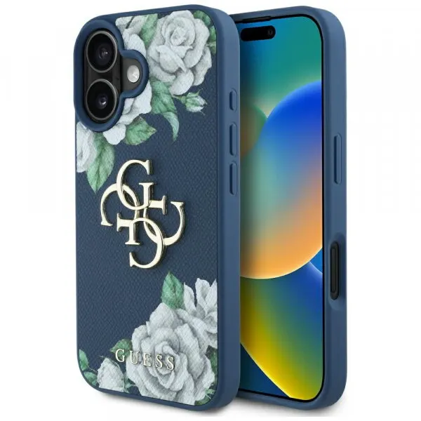 Guess Husa pentru Apple iPhone 16, Guess, 4G Grained Roses Big Logo, Albastra