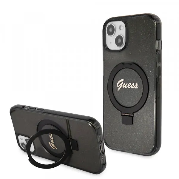 Guess Husa MagSafe pentru Apple iPhone 15 Plus, Guess, Ring Stand Script Glitter, Neagra