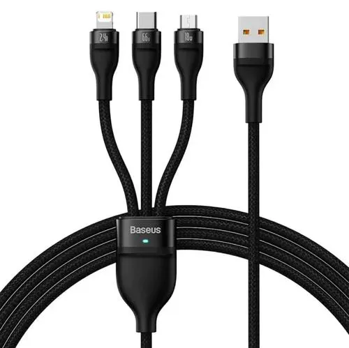 Cablu de date 3in1 Baseus Flash Series 2 CASS040001, USB - USB-C + micro USB + Lightning, 66W, 1.2m