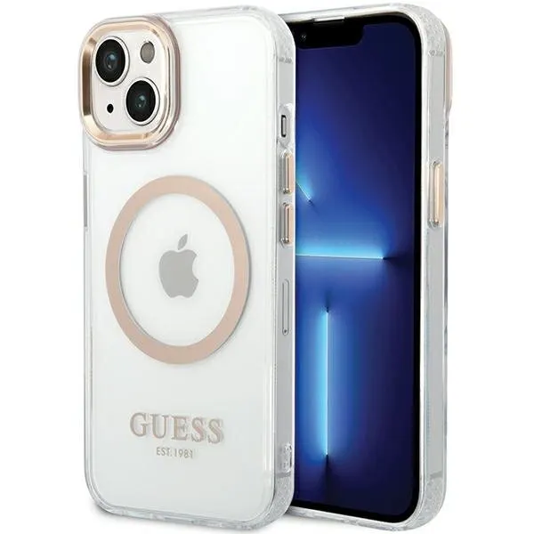 Guess Husa MagSafe pentru Apple iPhone 15 Plus, Guess, Metal Outline, Aurie