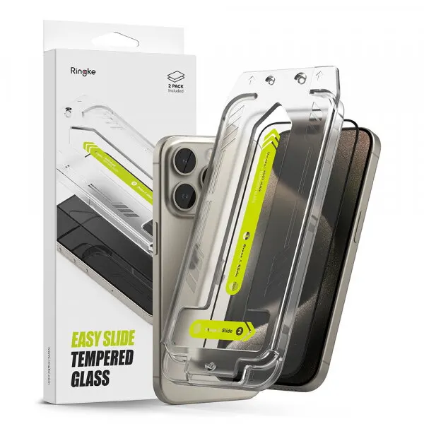Ringke Folie de protectie Ecran Ringke Easy Slide pentru Apple iPhone 15 Pro Max, Sticla Securizata, Full Glue, Set 2 bucati, Neagra