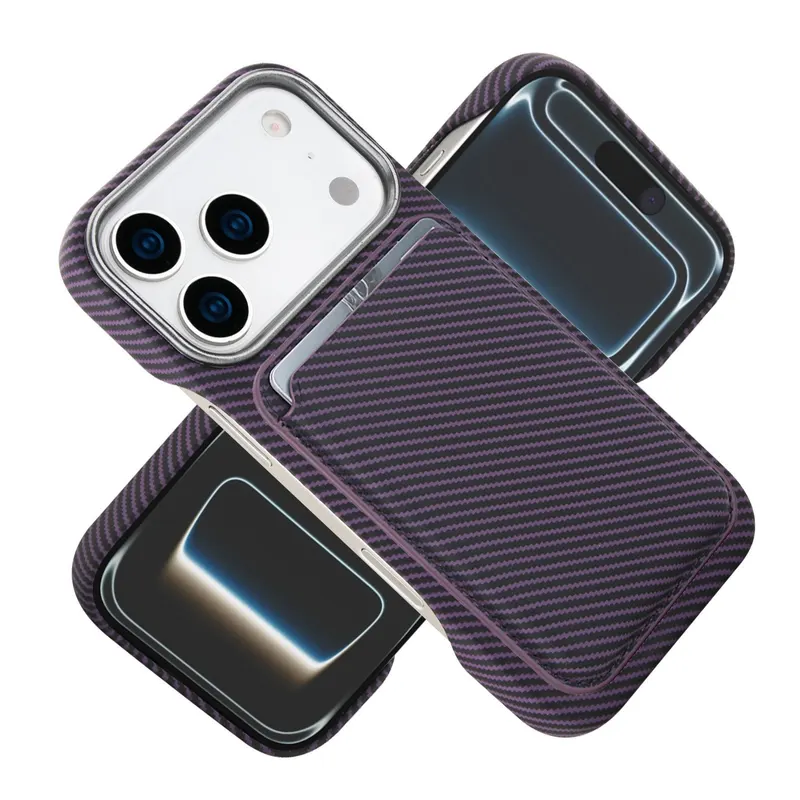 Husa MagSafe pentru iPhone 17, Flippy, Suport Card Detasabil, Carcasa pentru Telefon, Textura Fibra de Carbon, Business