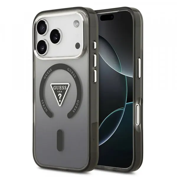 Guess Husa MagSafe pentru Apple iPhone 17 Pro Max, Guess, IML Gradient Triangle Logo, Neagra Argintie