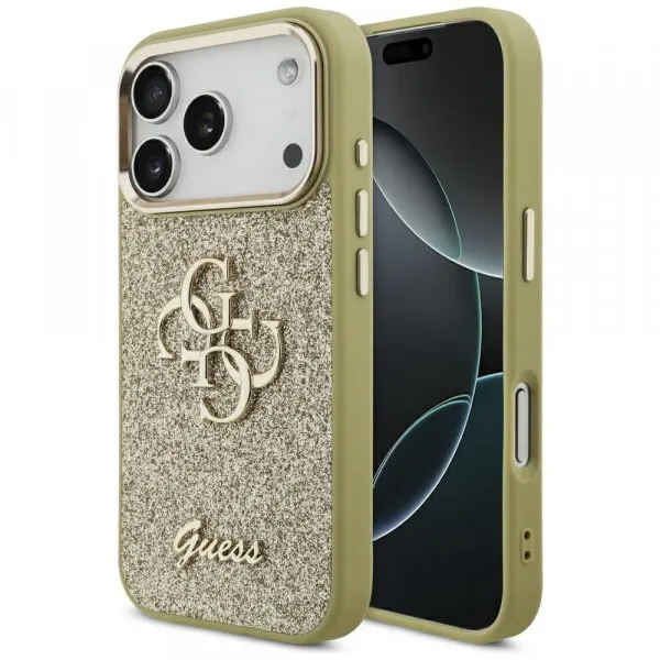 Guess Husa pentru Apple iPhone 17 Pro, Guess, Fixed Glitter Big 4G Metal Frame, Aurie
