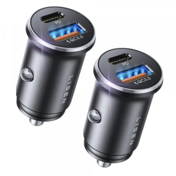 Lisen Incarcator Auto Lisen, 51W, 3A, 1 x USB-A - 1 x USB-C, Set 2 bucati, Negru YL0223080037