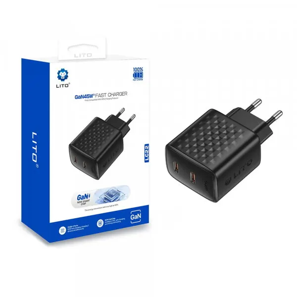 LITO Incarcator Retea Lito LC22, 45W, 3A, 2 x USB-C, Negru