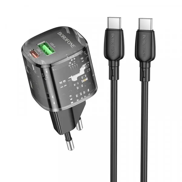 Borofone Incarcator Retea Cu Cablu USB-C Borofone BN17 Sunlight, 20W, 3A, 1 x USB-A - 1 x USB-C, Negru
