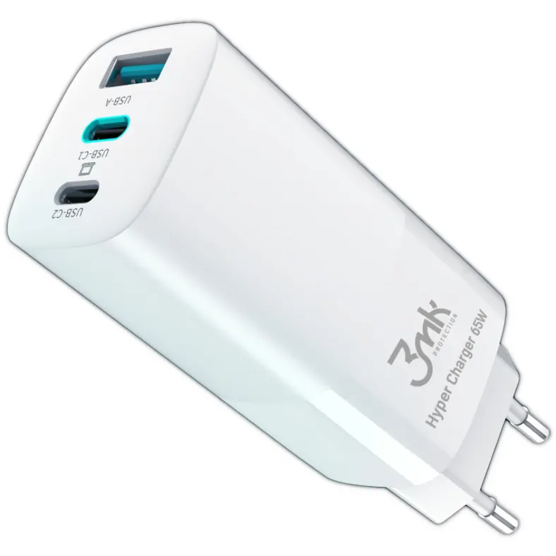 3MK Incarcator Retea USB 3MK HyperCharger, GaN, Quick Charge, 65W, 1 X USB - 2 x USB Type-C, Alb