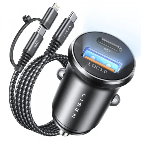 Lisen Incarcator Auto Cu Cablu USB-C / Lightning Lisen, 48W, 3A, 1 x USB-A - 1 x USB-C, Negru YL0223080035