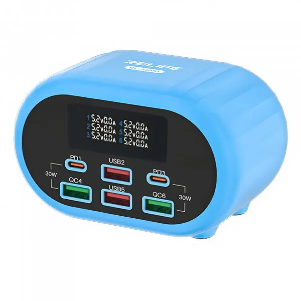 Relife Incarcator Statie Relife RL-309U, 72W, 5A, 2 x USB-C - 4 x USB-A, Albastru