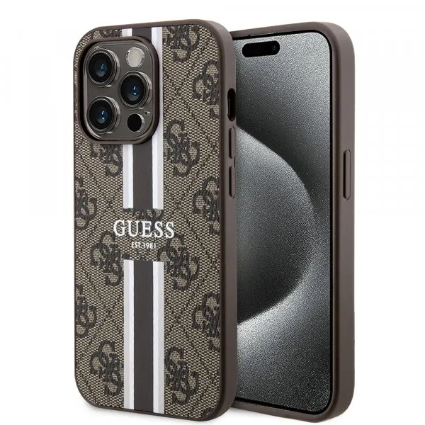 Guess Husa MagSafe pentru Apple iPhone 15 Pro, Guess, 4G Printed Stripes, Maro