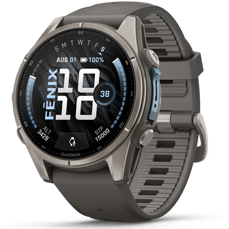 GARMIN Ceas inteligent Garmin fenix 9, 43mm, AMOLED, GPS, Wi-Fi, Android/iOS, Sapphire, Titan cu curea din silicon, Gri-Negru