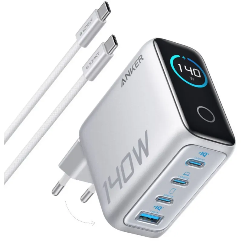 Anker Incarcator de retea Anker Zolo 140W, Digital Display, 3x USB-C, 1x USB-A, PD 3.1, cablu USB-C inclus, Argintiu
