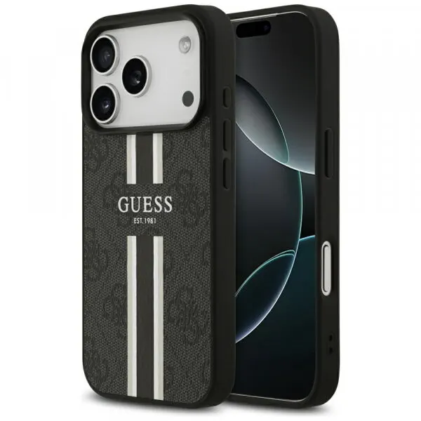 Guess Husa MagSafe pentru Apple iPhone 17 Pro Max, Guess, 4G Printed Stripes, Neagra