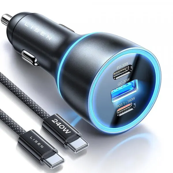 Lisen Incarcator Auto Cu Cablu USB-C Lisen, 170W, 5A, 1 x USB-A - 2 x USB-C, Negru YL0224010001