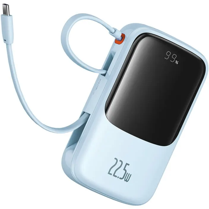 BASEUS Baterie externa Baseus Qpow Pro+, Digital Display, 10000mAh, 22.5W, 2 x USB Type-C output/input, 1 x USB, 1 x Lightning, albastru