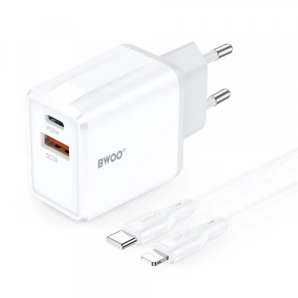 BWOO Incarcator Retea Cu Cablu Lightning BWOO CDA182, 38W, 3A, 1 x USB-A - 1 x USB-C, Alb