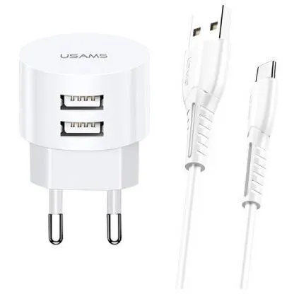 Usams Incarcator de retea Usams USA000461 2x USB Fast Charging 10W + Cablu USB la Micro USB Alb