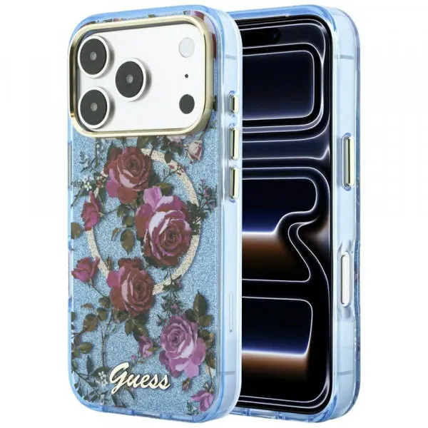 Guess Husa MagSafe pentru Apple iPhone 18 Pro Max / 17 Pro Max, Guess, IML Glitter Blossom Roses, Bleu