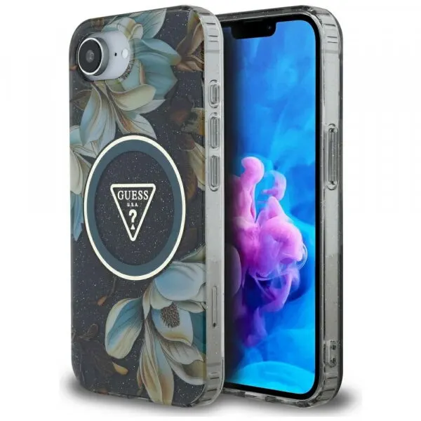 Guess Husa MagSafe pentru Apple iPhone 17e / 16e, Guess, IML Metal Glitter Flowers Triangle, Neagra