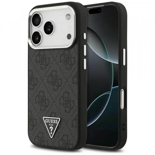 Guess Husa MagSafe pentru Apple iPhone 17 Pro, Guess, 4G Triangle Logo, Neagra Argintie