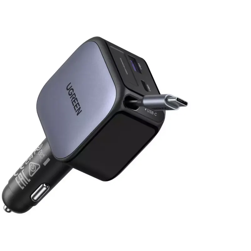 Ugreen Incarcator auto Ugreen 90W, 1xUSB-C, 1xUSB-A, cu cablu USB-C incorporat, Negru