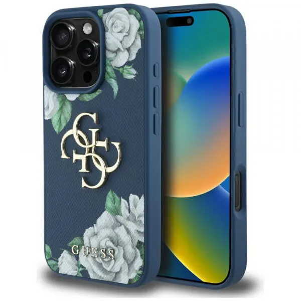 Guess Husa pentru Apple iPhone 16 Pro, Guess, 4G Grained Roses Big Logo, Albastra