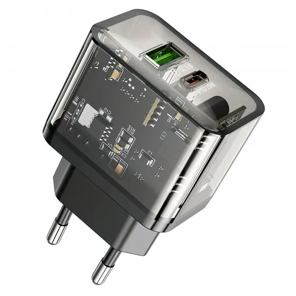 HOCO Incarcator Retea HOCO N34, 20W, 3A, 1 x USB-A - 1 x USB-C, Transparent