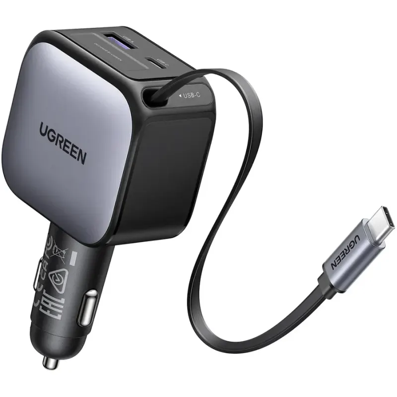 Ugreen Incarcator auto Ugreen 60W, cu cablu retractabil USB-C, 1x USB-C, 1x USB-A, Gri