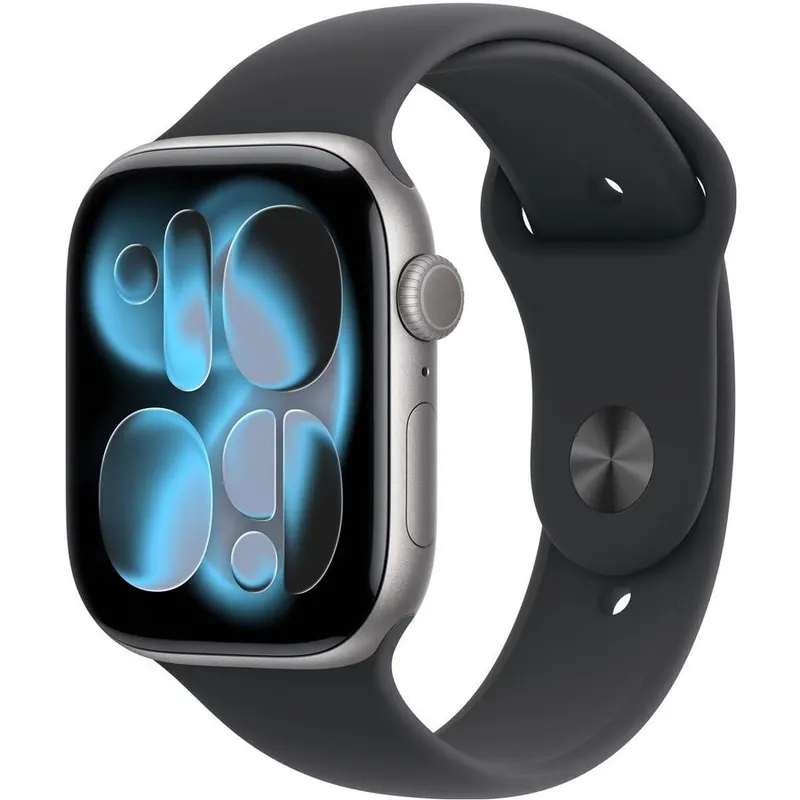 Apple Ceas inteligent Apple Watch Series 11, GPS, 42mm, Carcasa din aluminiu Gri spatial, Curea sport Neagra, Masura S/M