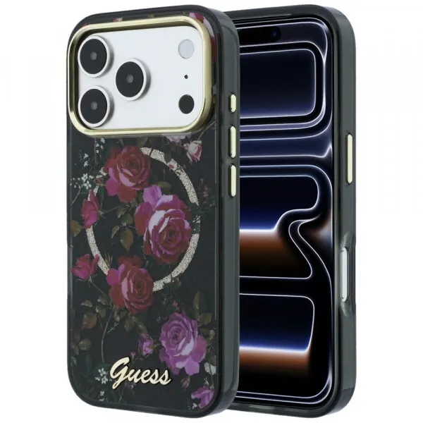 Guess Husa MagSafe pentru Apple iPhone 18 Pro / 17 Pro, Guess, IML Glitter Blossom Roses, Neagra