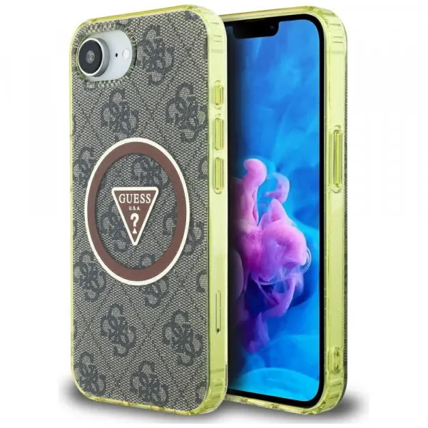 Guess Husa MagSafe pentru Apple iPhone 17e / 16e, Guess, IML Glitter 4G Circle Triangle, Maro