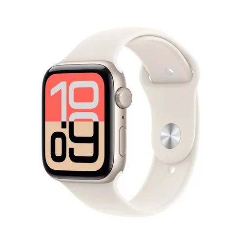 Smartwatch Apple Watch SE 3 (2025), GPS, 44mm, Ecran Retina LTPO OLED, Chip S10 cu Procesor Dual-Core, 64GB Flash, Wi-Fi, Bluetooth, Curea Sport Band M/L (Auriu)