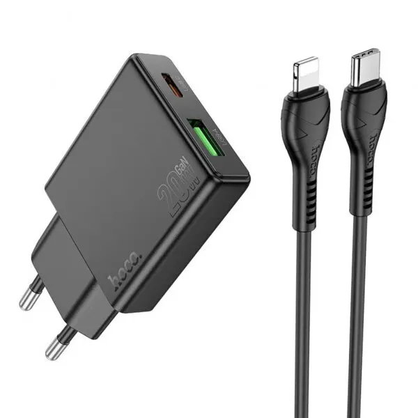 HOCO Incarcator Retea Cu Cablu Lightning HOCO N38, 20W, 3A, 1 x USB-A - 1 x USB-C, Negru