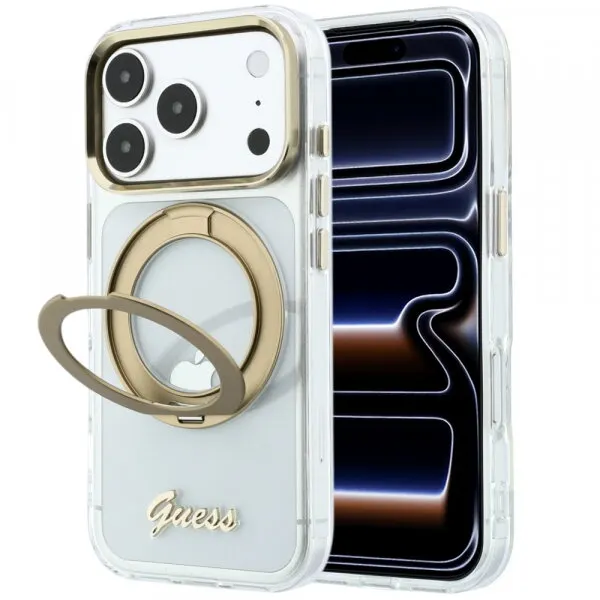 Guess Husa MagSafe pentru Apple iPhone 18 Pro, Guess, Ring Stand Script Metal Logo, Transparenta